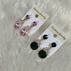 💎 Sparkling Petal Drop Earrings - Pink & Green Crystal Dangles ✨