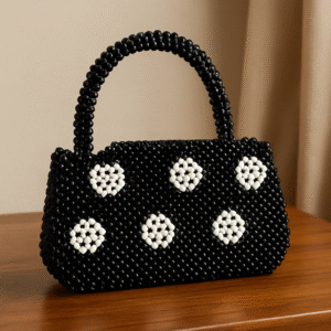 Handcrafted Beaded Polka Dot Clutch – Black & White Chic Style 🎀🖤