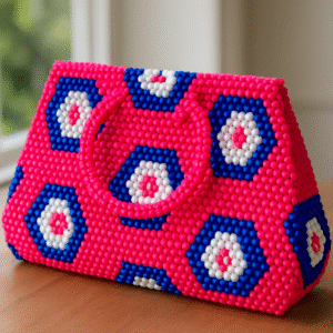 ✨ Handmade Pink Beaded Hexa Clutch 💖🟣 – Retro Chic with Blue & White Accents 🧵