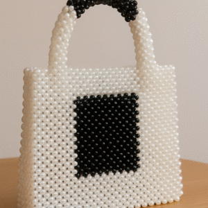 Monochrome Pearl Beaded Tote 🤍🖤 – Handmade Square Accent Handbag