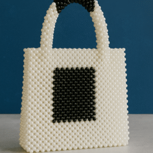 Monochrome Pearl Beaded Tote 🤍🖤 – Handmade Square Accent Handbag