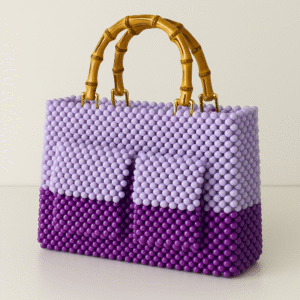 ✨ Handmade Beaded Tote Bag 💜 – Two-Tone Purple with Bamboo Handles 🎋