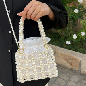 Chic Grid Pearl Beaded Handbag 🤍✨ – With Drawstring Fabric Insert