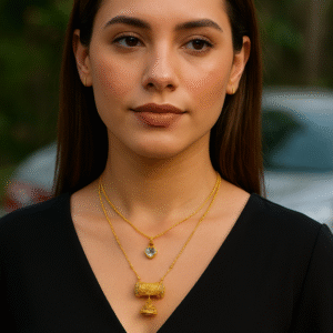 Elegant Dual-Layer Gold Pendant Necklace Set with Heart & Drum Charm ✨💛