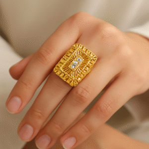 👑 Bold Majesty Rectangle Gold Ring with Crystal Accents 💎✨