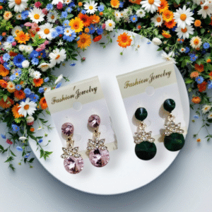 💎 Sparkling Petal Drop Earrings - Pink & Green Crystal Dangles ✨