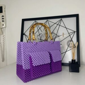 ✨ Handmade Beaded Tote Bag 💜 – Two-Tone Purple with Bamboo Handles 🎋