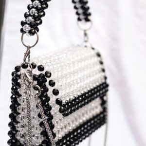 ✨ Handmade Crystal Beaded Mini Bag 🖤🤍 – Black & White Glam with Chain Strap ⛓️