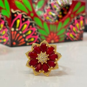 🌸 Sparkling Floral Statement Ring – Gold Finish with Red Petals 🌟