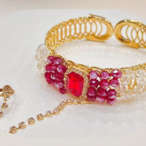 Midnight Glam Hand Harness – Red & Crystal Bead Bracelet with Ring Chain