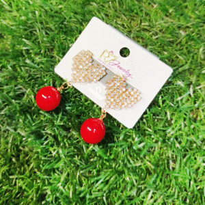 ❤️ Sparkling Heart Drop Earrings with Red Pearl Accents