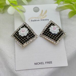 Imported Elegant Floral Stud Earrings with Rhinestone Border