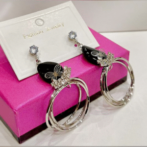 Elegant Dual-Hoop Black & Silver Butterfly Drop Earrings ✨